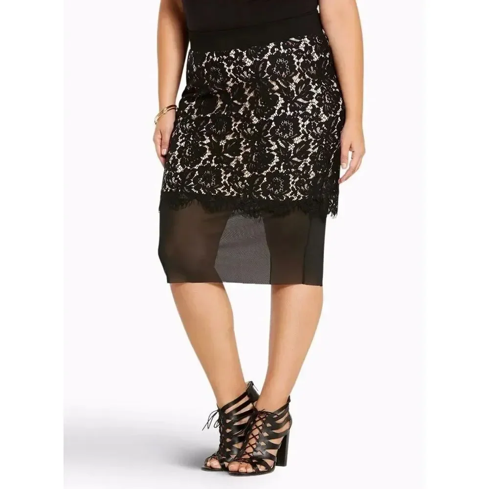 Womens Torrid Black Peek-A-Boo Lace Mesh Mixed Media Panel Pencil Skirt - Sz 0